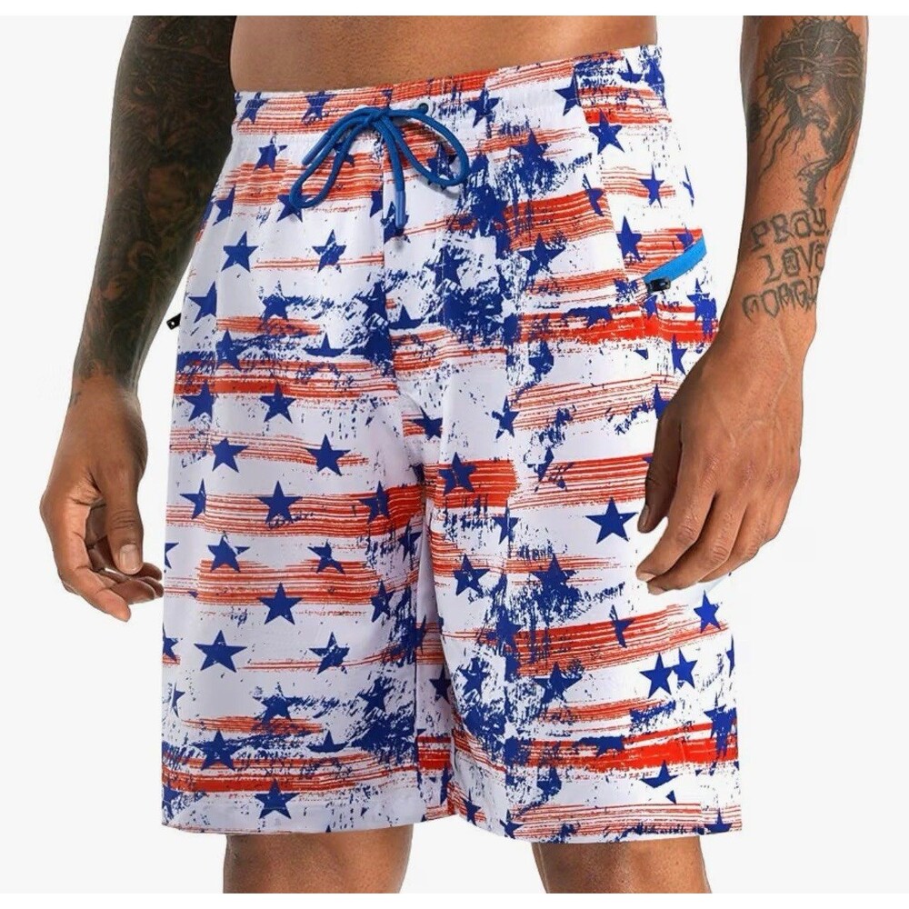 APTRO 2 in 1 Men's Patriotic Swim Trunks 9" with Zipper Pockets Size L New